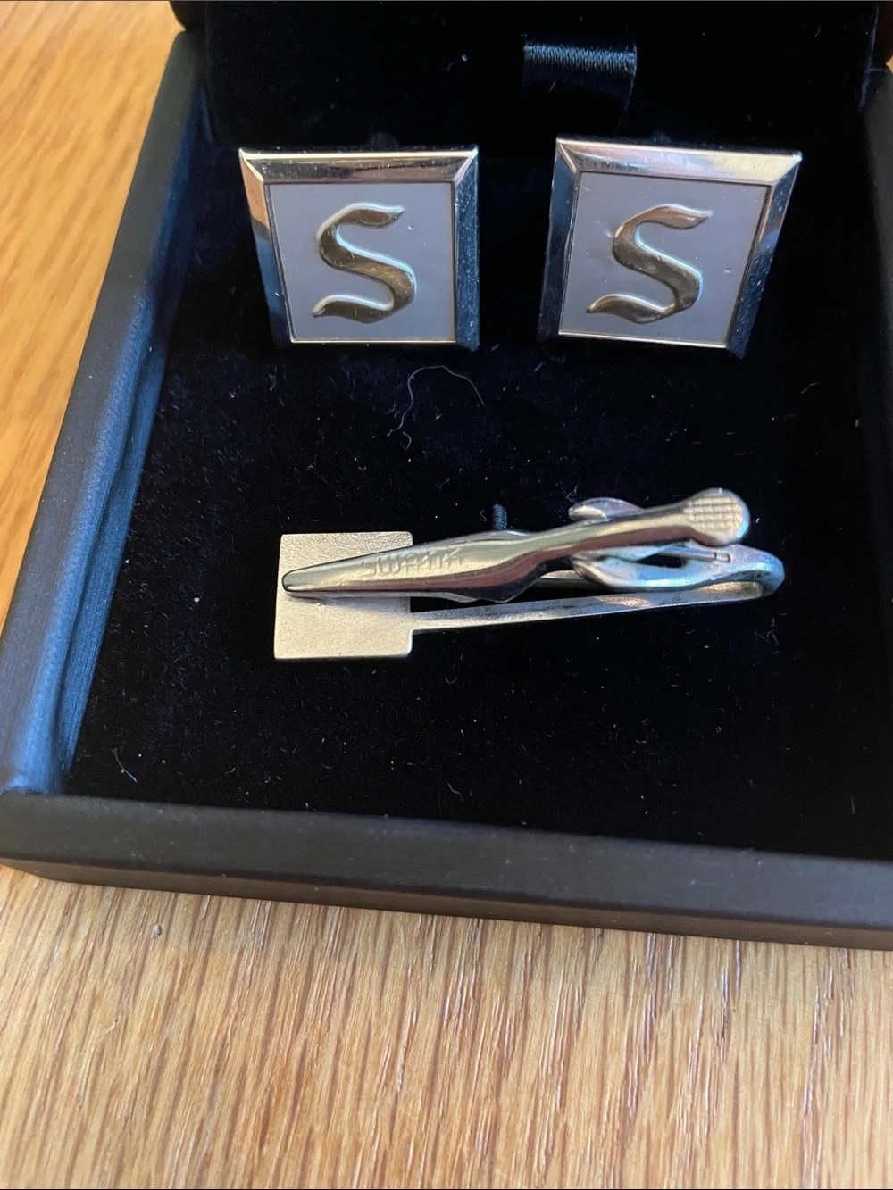 Men's Swank Silver 'S' Cufflinks and Tie Clip Set